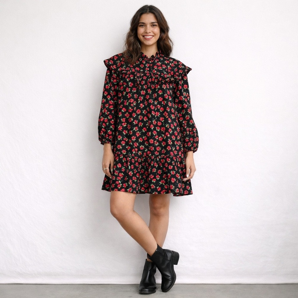 Zara Black Red Floral Ruffle Babydoll Dress XS